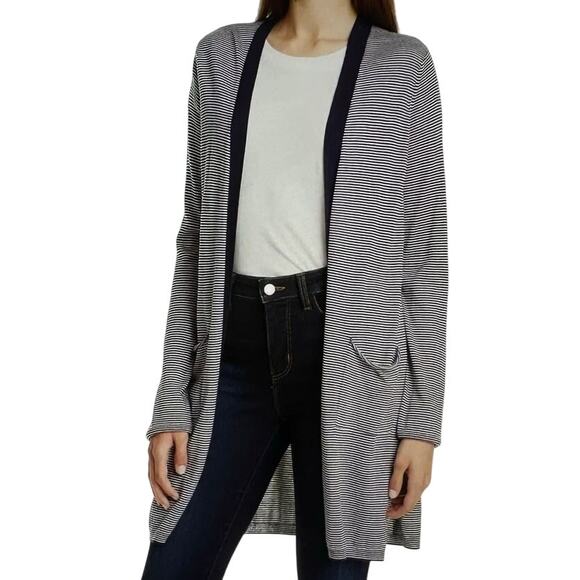 ATM Open Cardigan Silk Cashmere Blend Navy Blue Striped‎ Lightweight Nautical M - Picture 1 of 9